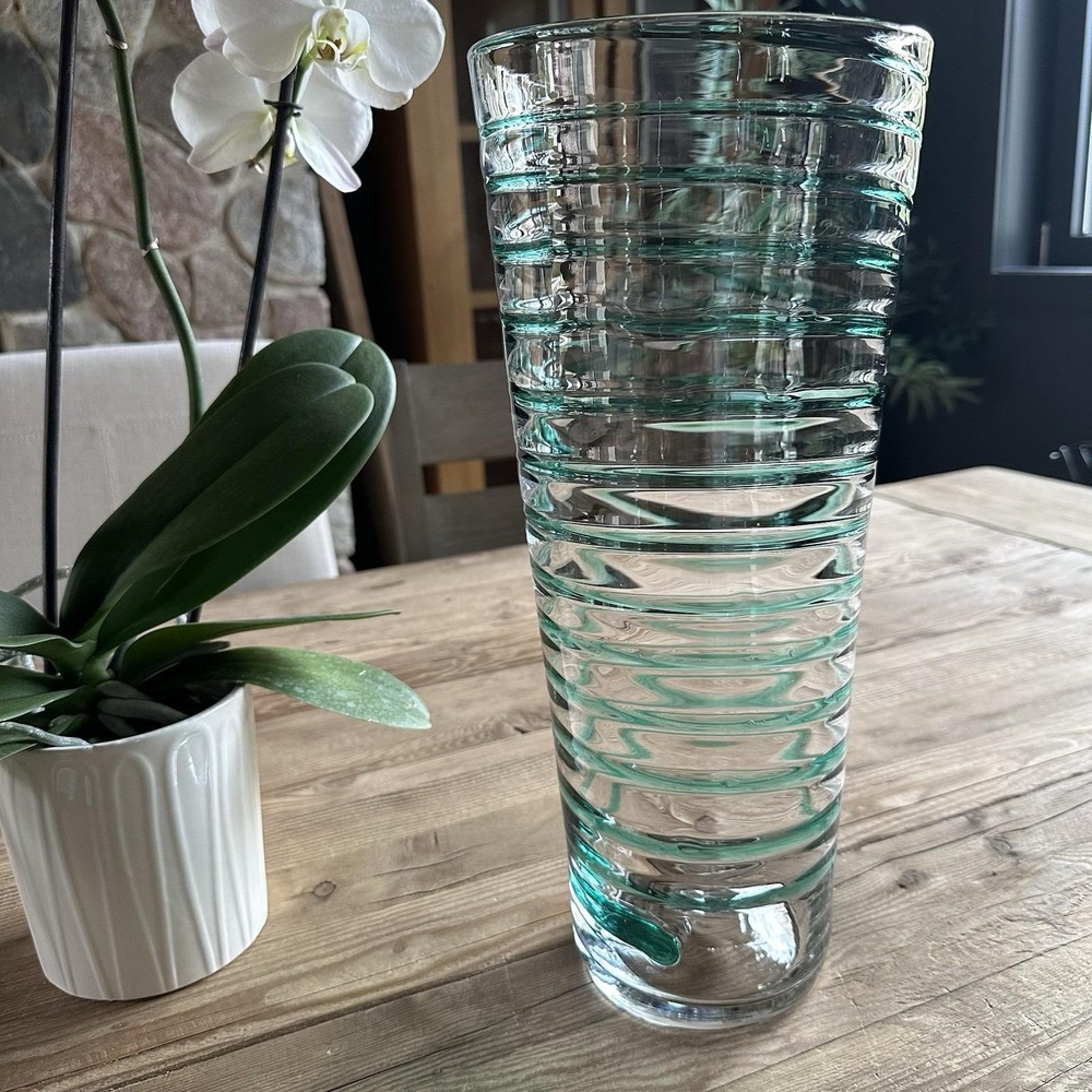 Blenko Handmade Glass Spiral Rib Vase Teal Green Clear Tapered MCM Decor